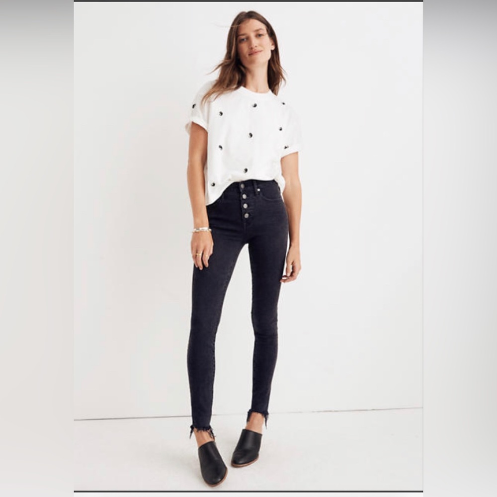 Madewell 9” high rise skinny jeans, button fly, black, raw distressed hem, 26T